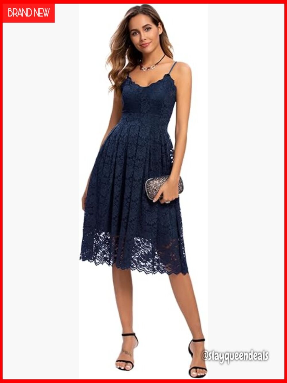 Spaghetti Strap V-Neck Sleeveless A-Line Lace Dress for Wedding Guest